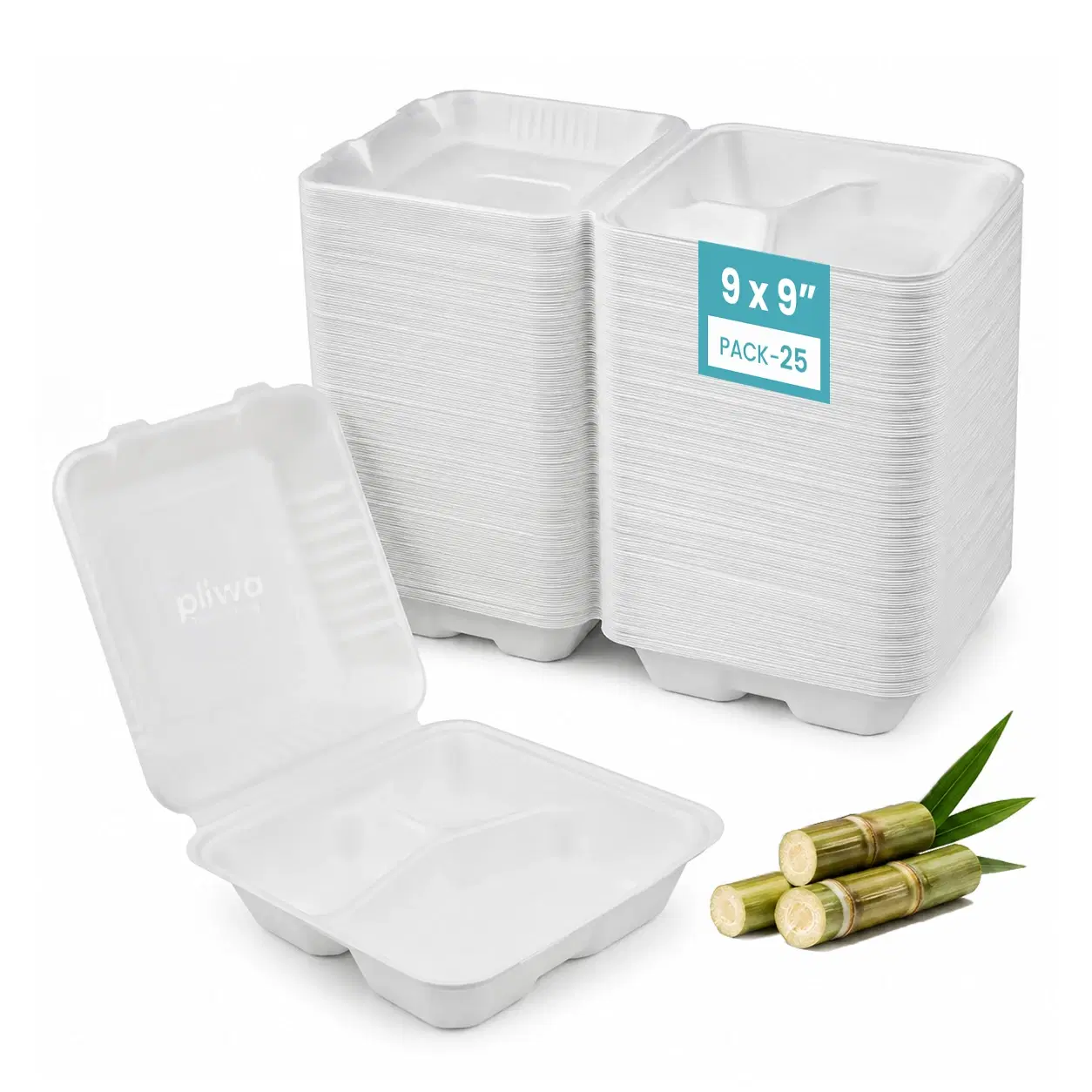 Pliwa | Disposable Clamshell | Burger Box | 3 Compartment | 9x9 - Pack of 25 | for Takeaway & Food Storage | Non Toxic, Compostable | Sturdy, Microwave Safe, Leak-Resistant | Eco-Friendly Rectangular Clamshell (White)