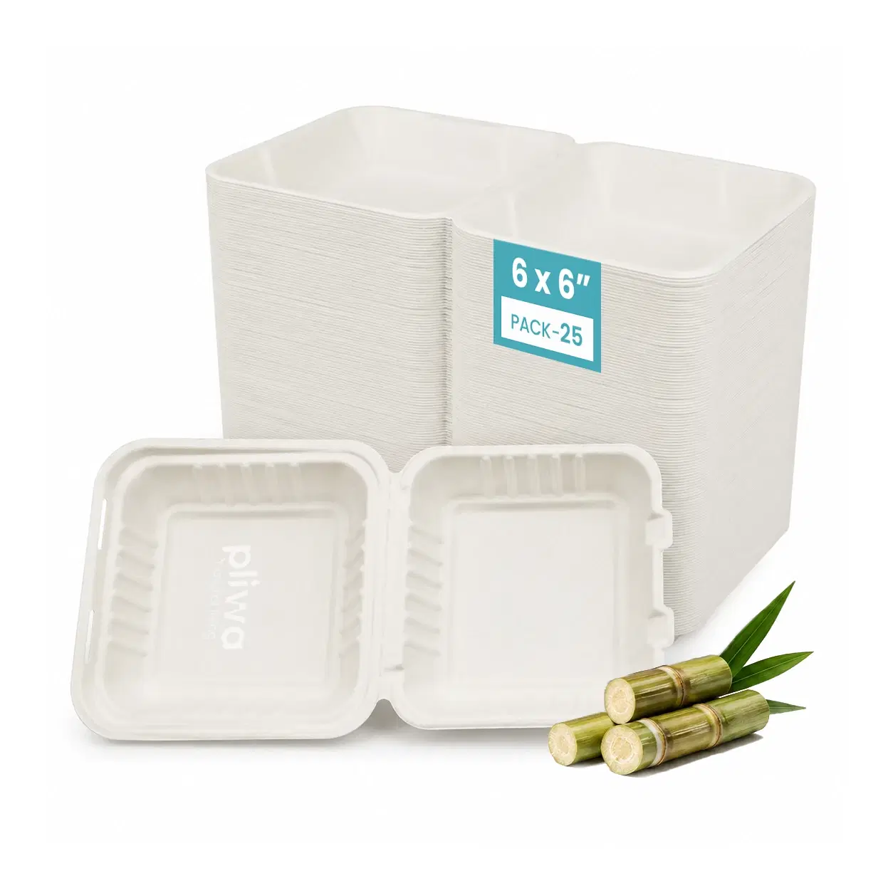 Pliwa | Disposable Clamshell | Burger Box | 6x6 - Pack of 25 | for Takeaway & Food Storage | Non Toxic, Compostable | Sturdy, Microwave Safe, Leak-Resistant | Eco-Friendly Square Clamshell (White)