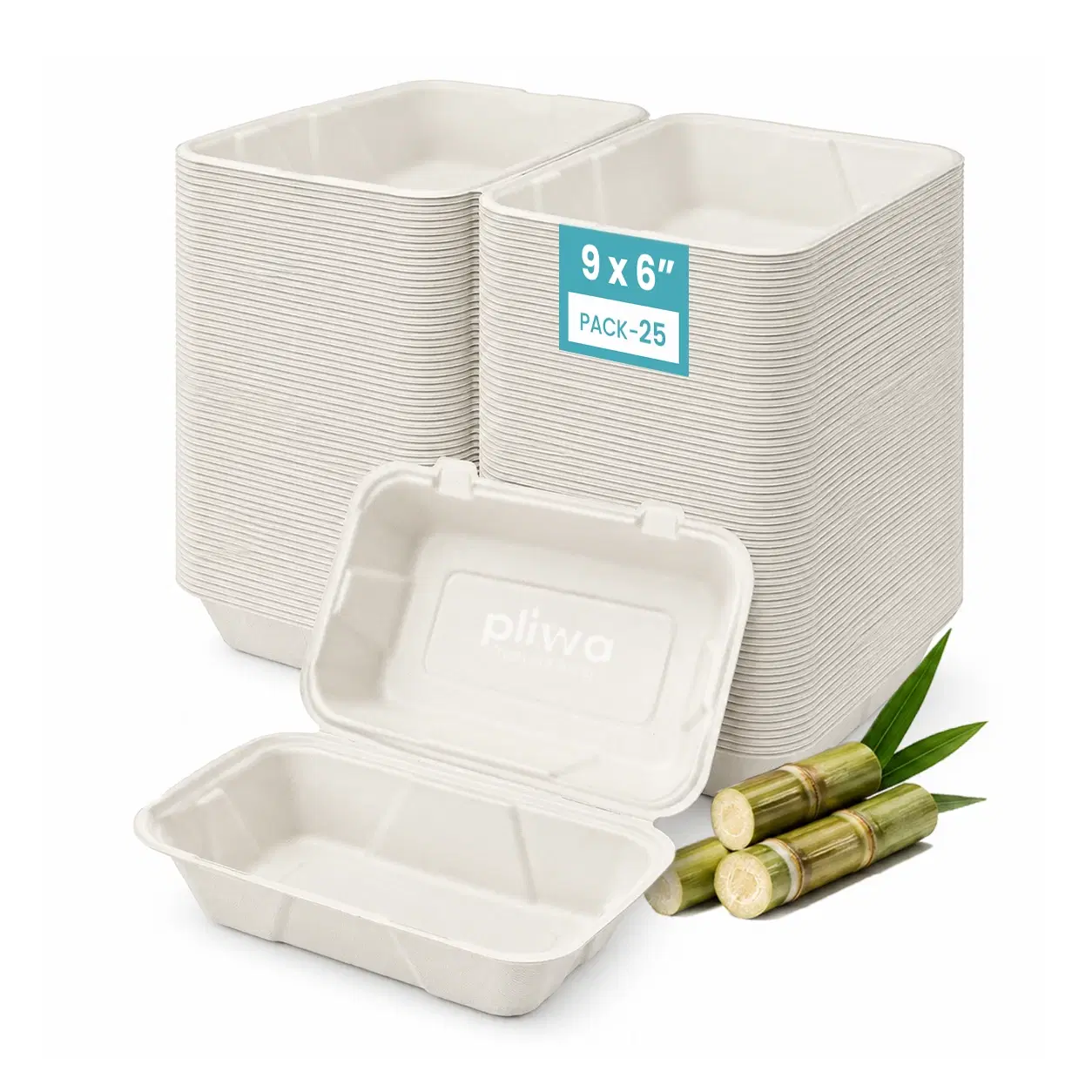 Pliwa | Disposable Clamshell | Burger Box | 9x6 - Pack of 25 | for Takeaway & Food Storage | Non Toxic, Compostable | Sturdy, Microwave Safe, Leak-Resistant | Eco-Friendly Rectangular Clamshell (White)