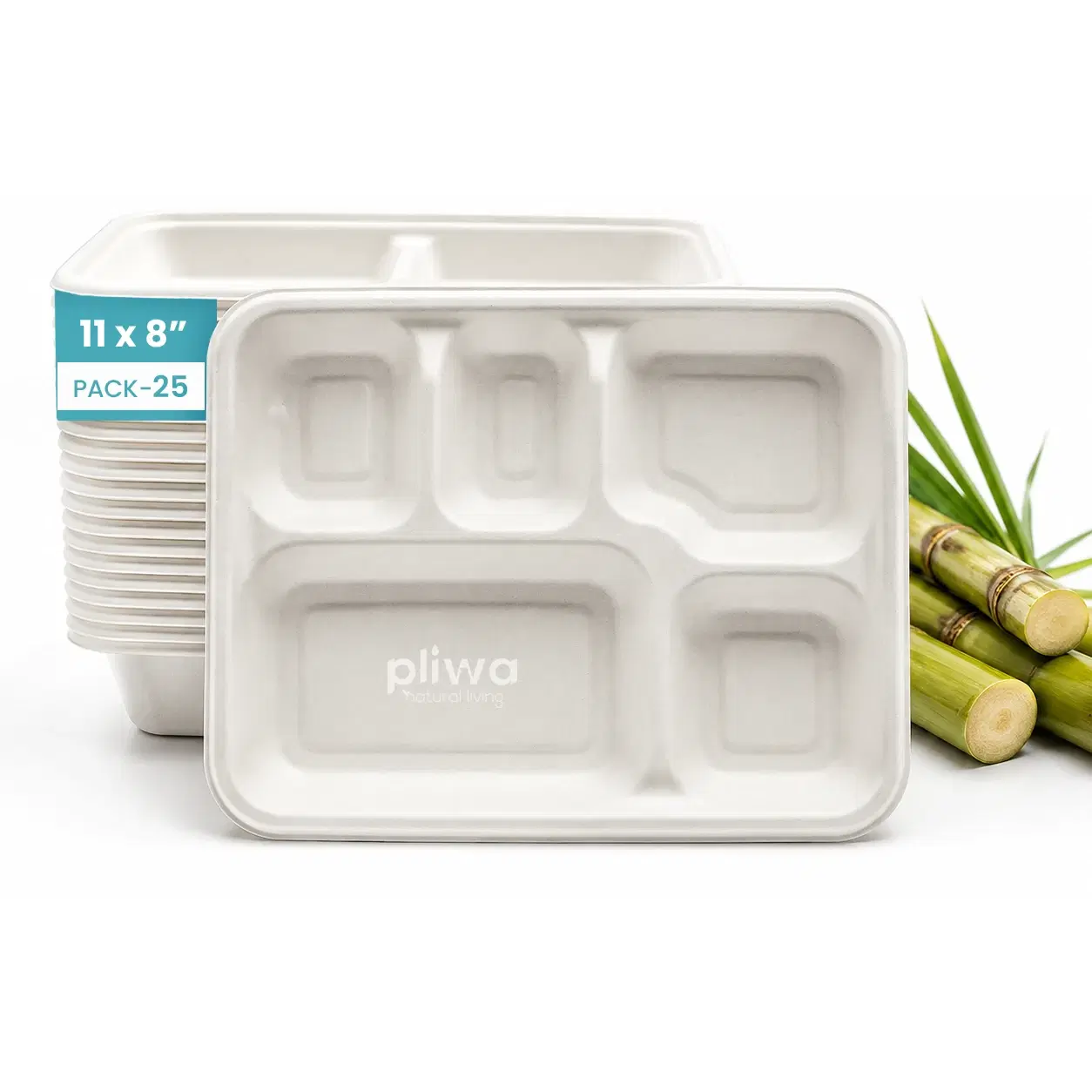 Pliwa Disposable Bagasse Meals Tray | 5 Compartment | Pack of 25 | Non Toxic, Compostable | Sturdy, Microwave Safe, Leak-Resistant | Sugarcane Bagasse Eco-Friendly Square Plates (White)