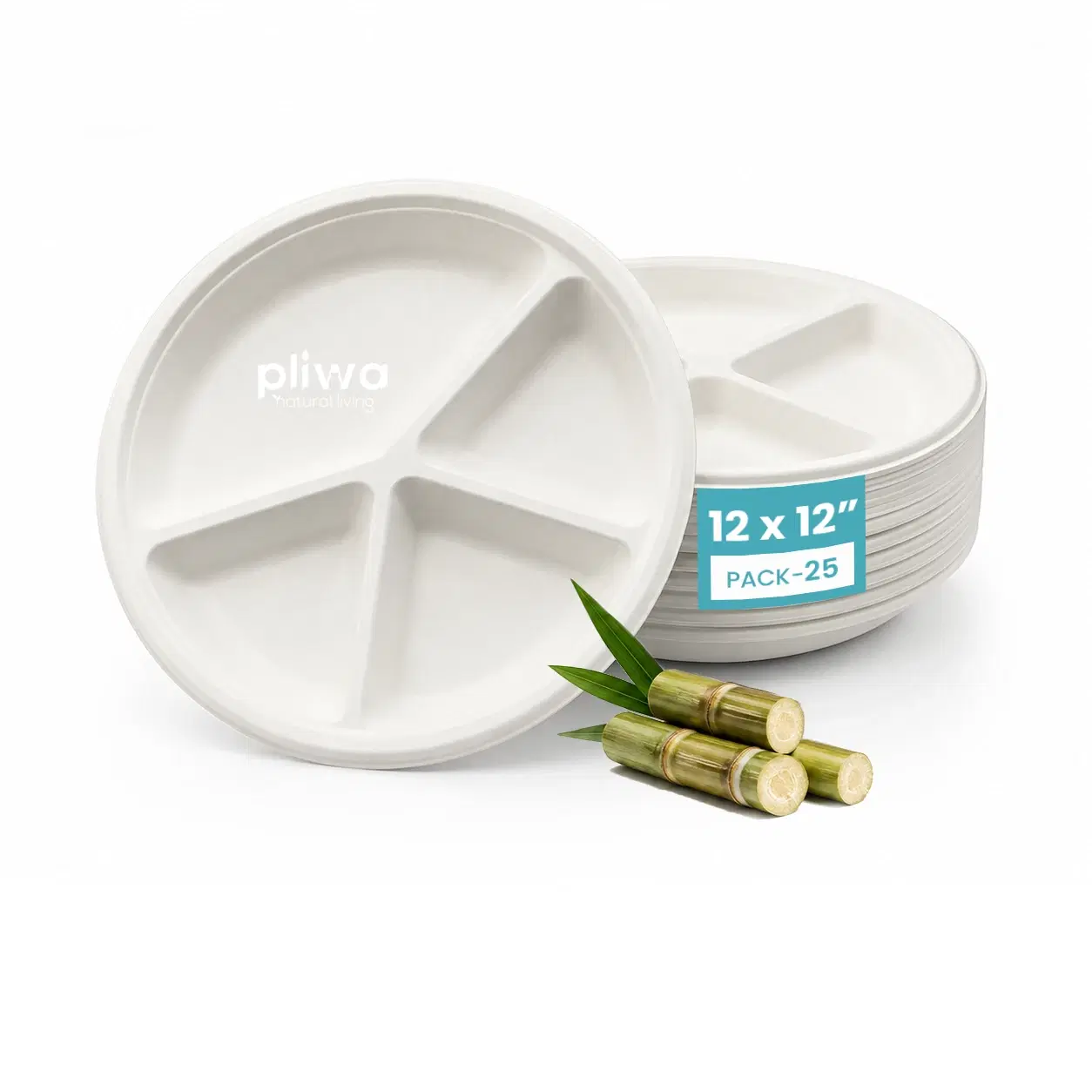 Pliwa Disposable Bagasse Plates | 4 Compartment | 12 inch - Pack of 25 | Non Toxic, Compostable | Sturdy, Microwave Safe, Leak-Resistant | Sugarcane Bagasse Eco-Friendly Round Plates (White)