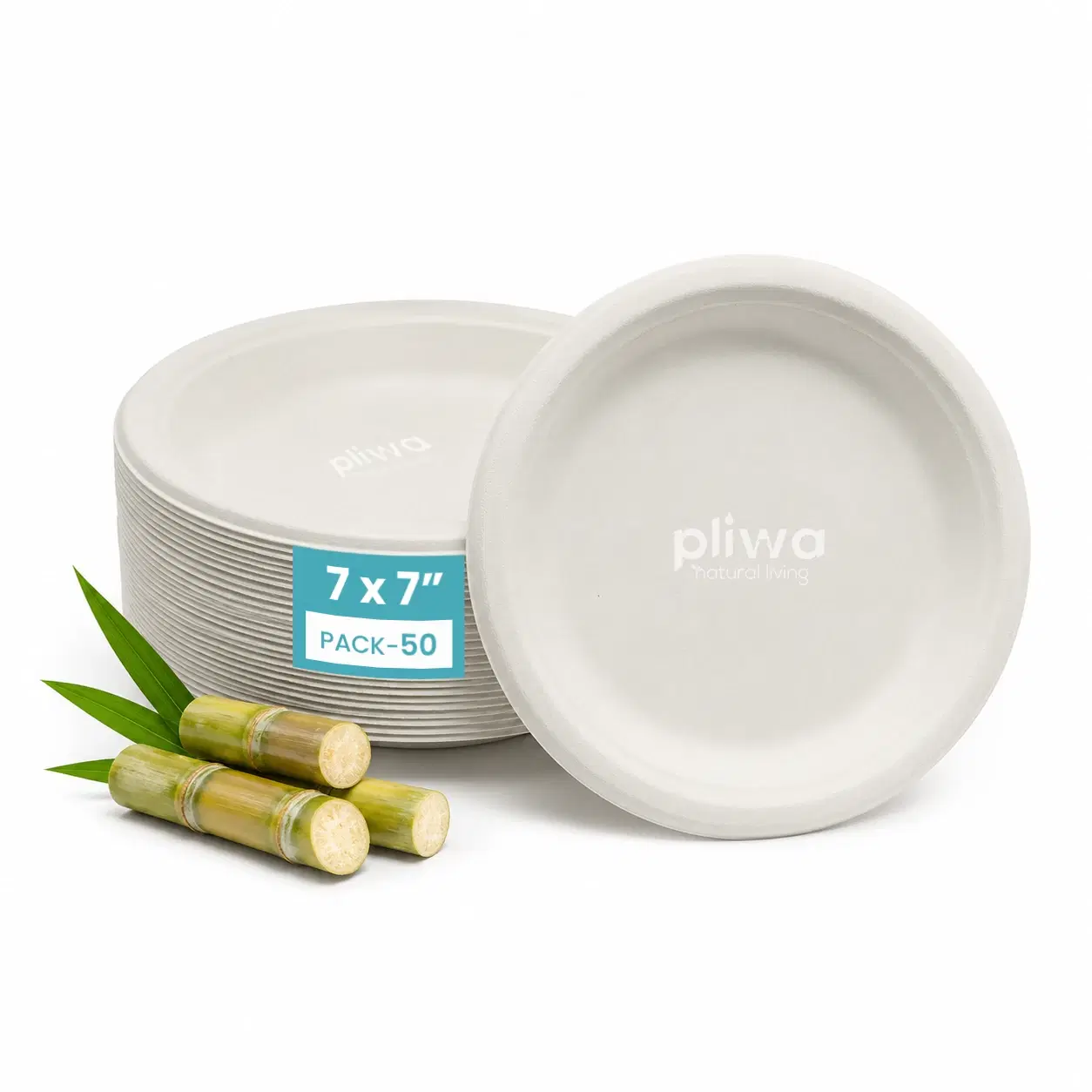 Pliwa Disposable Bagasse Plates | 7 inch - Pack of 50 | Non Toxic, Compostable | Sturdy, Microwave Safe, Leak-Resistant | Sugarcane Bagasse Eco-Friendly Round Plates (White)