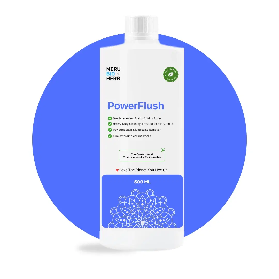 Meru Bio Herb PowerFlush 500 ml toilet cleaner bottle with white label and blue lower panel