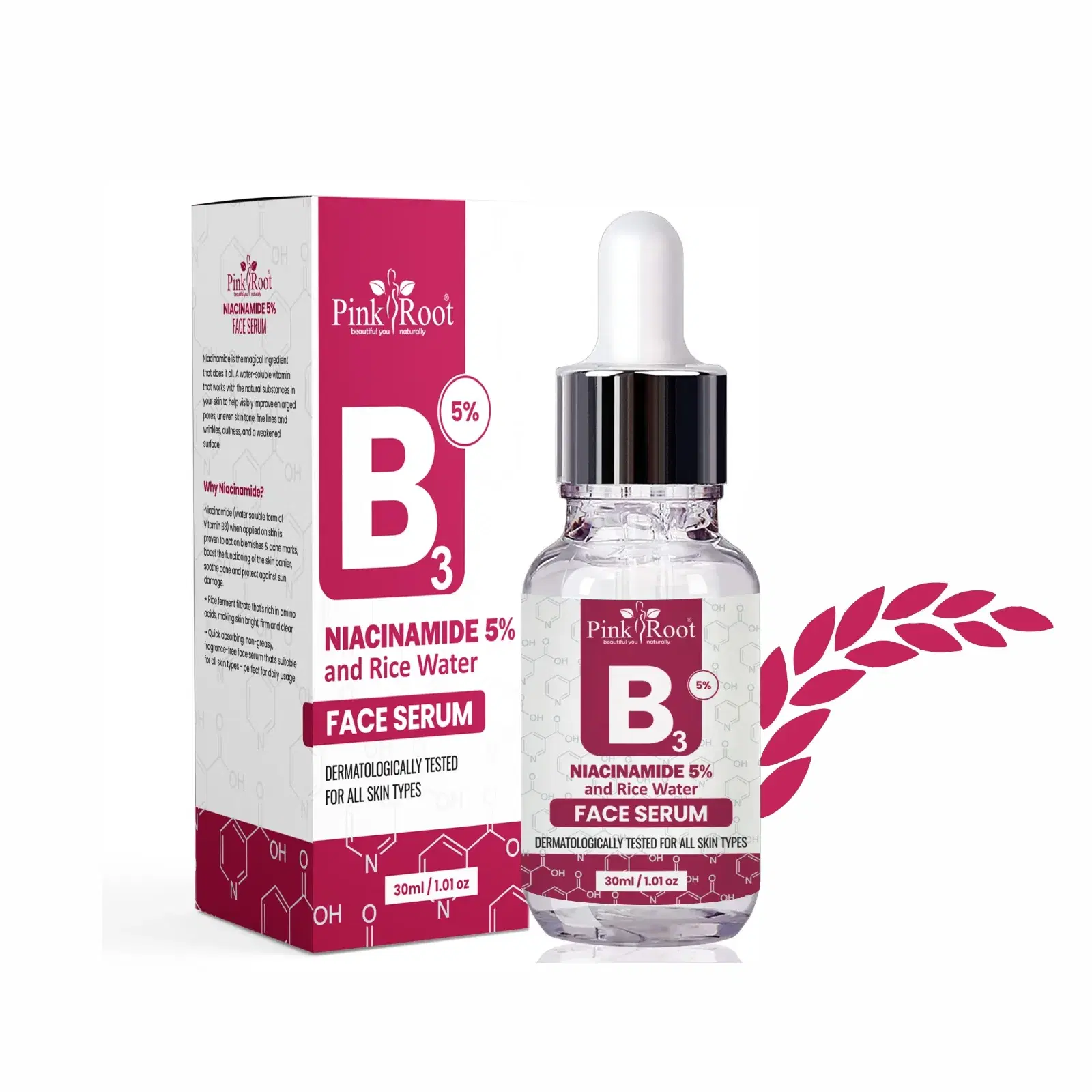 Pink Root Niacinamide 5% & Rice Water Face Serum|For Clear, Blemish-Free, Bright Skin, 30ml (30 ml)