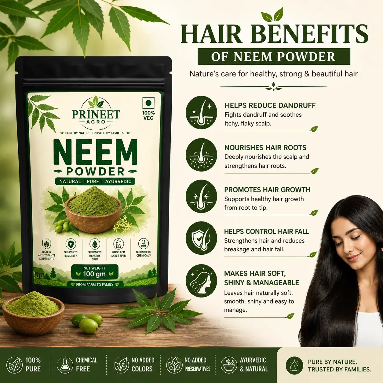 PRINEET AGRO Neem Powder 100g | 100% Pure Neem Leaf Powder | Natural Herbal Powder for Hair & Skin Care | No Preservatives | Ayurvedic | Chemical Free