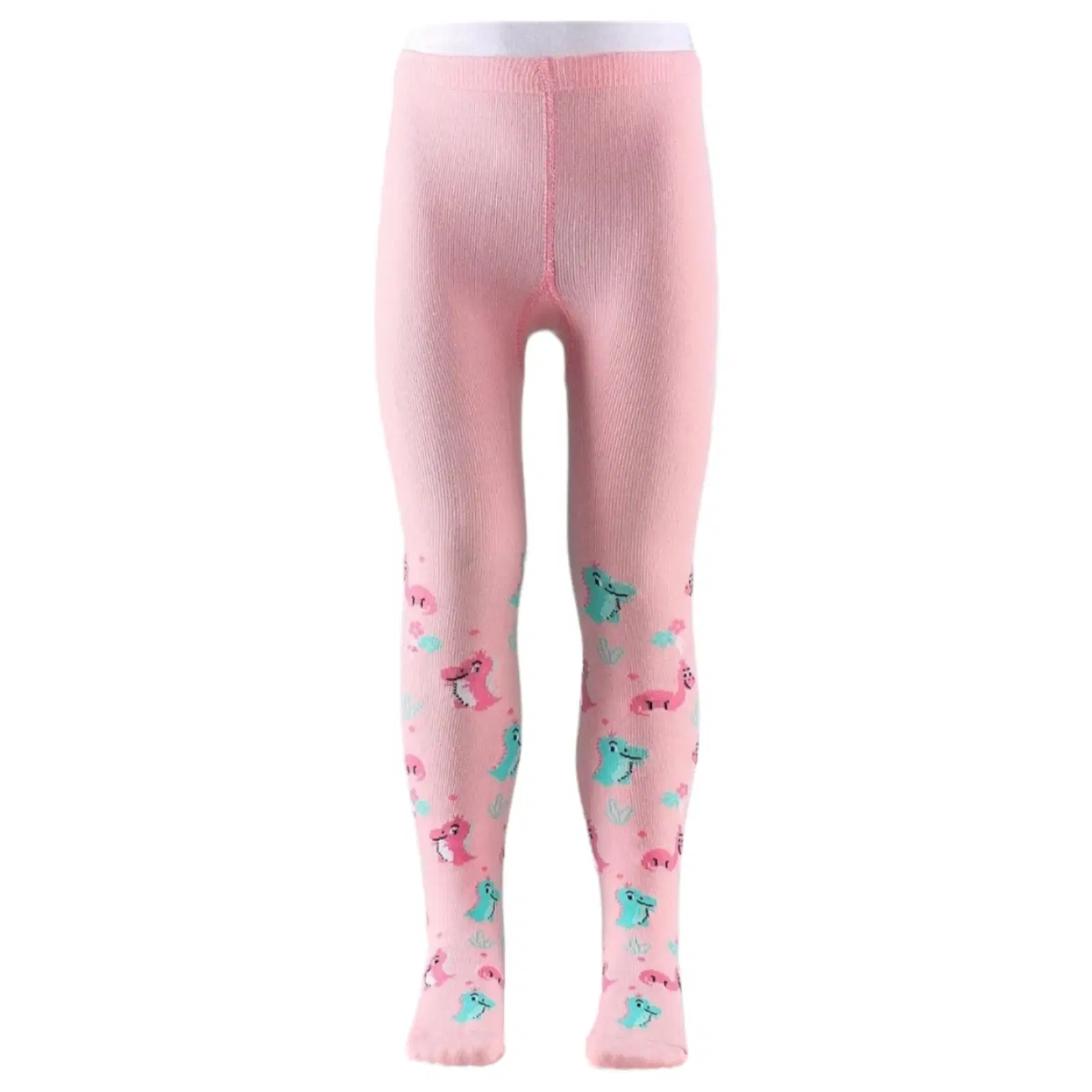 Pink baby tights with teal and pink dinosaur print and full foot design