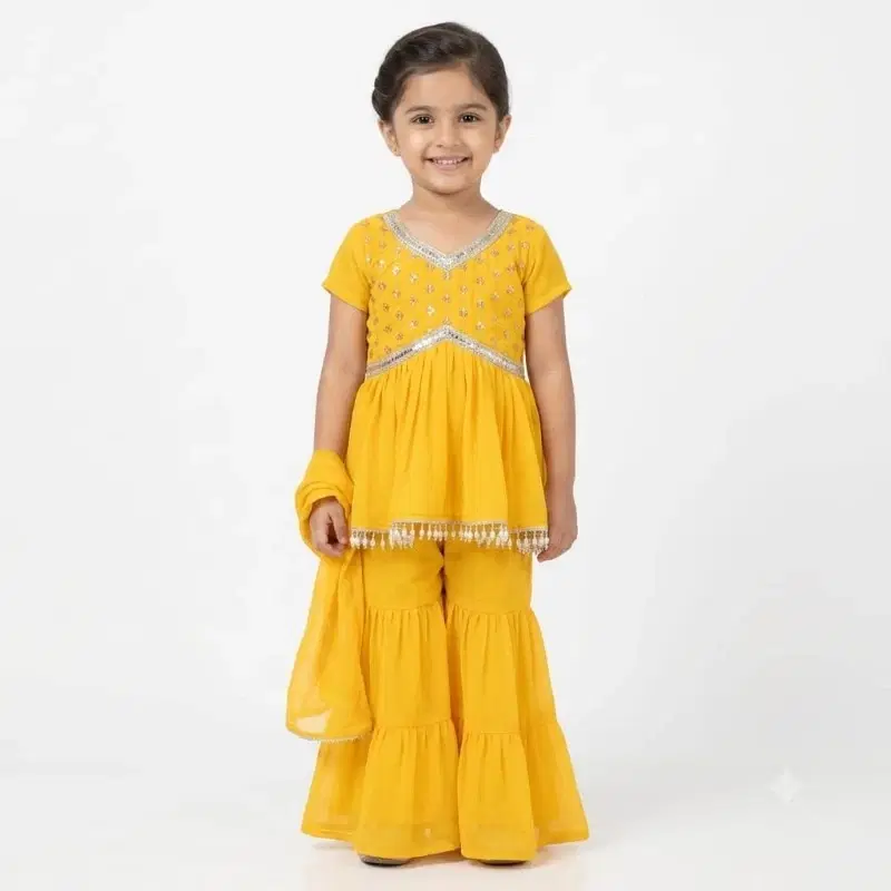 Radiant Yellow Peplum Kurti With Sharara And Dupatta Set For Girls