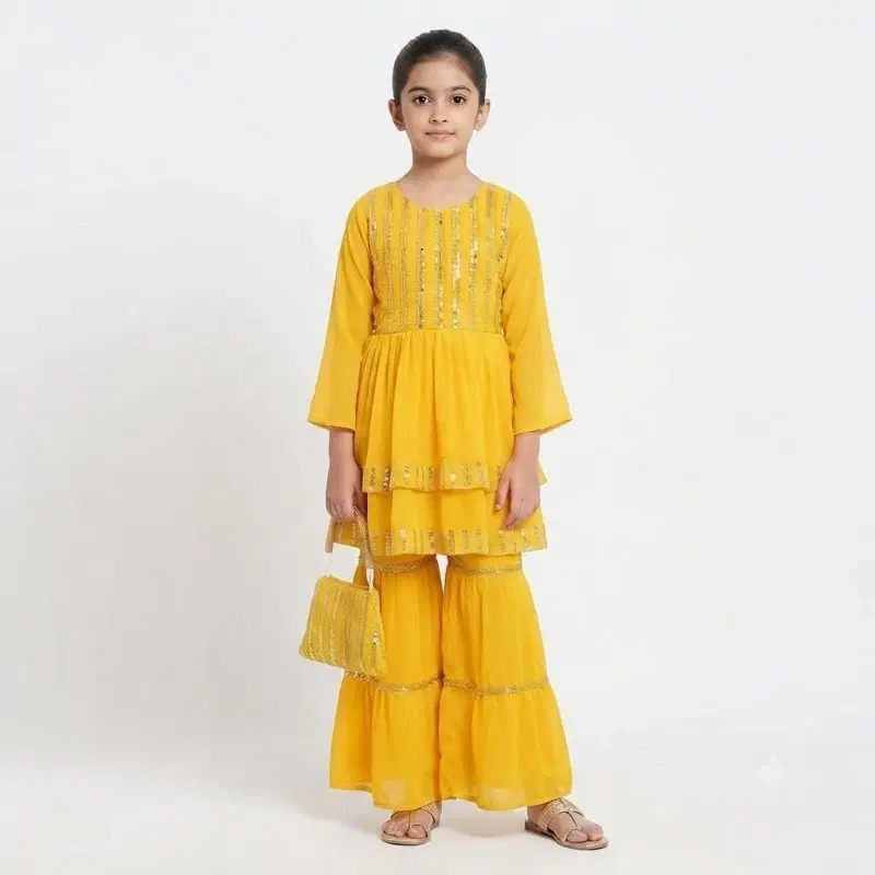 Radiant Yellow Sequin Peplum Kurta With Sharara & Matching Bag