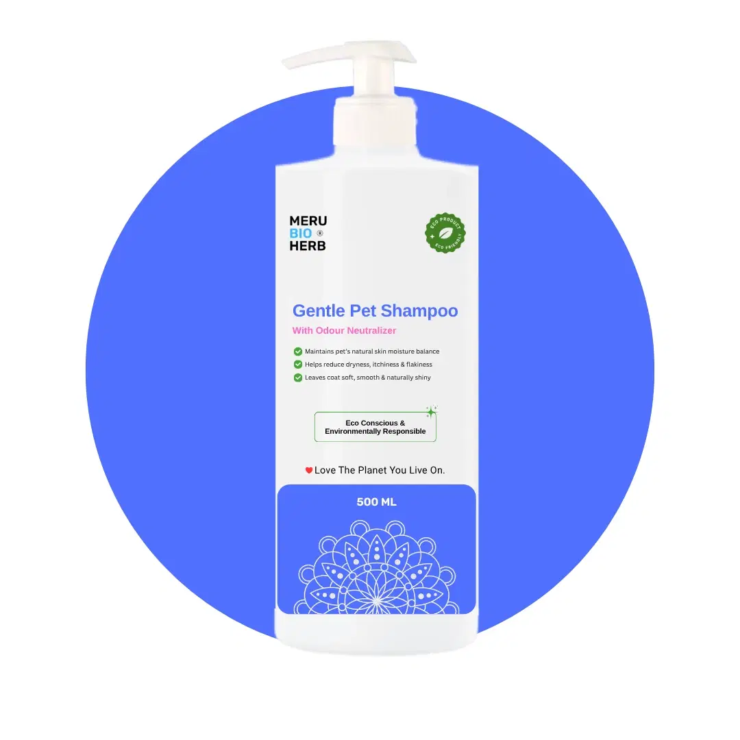 Meru Bio Herb Gentle Pet Shampoo 500 ml pump bottle with odour neutralizer label on white bottle
