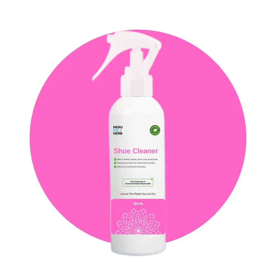 Meru Bio Herb Shoe Cleaner spray bottle 180 ml with white trigger nozzle on pink circular background