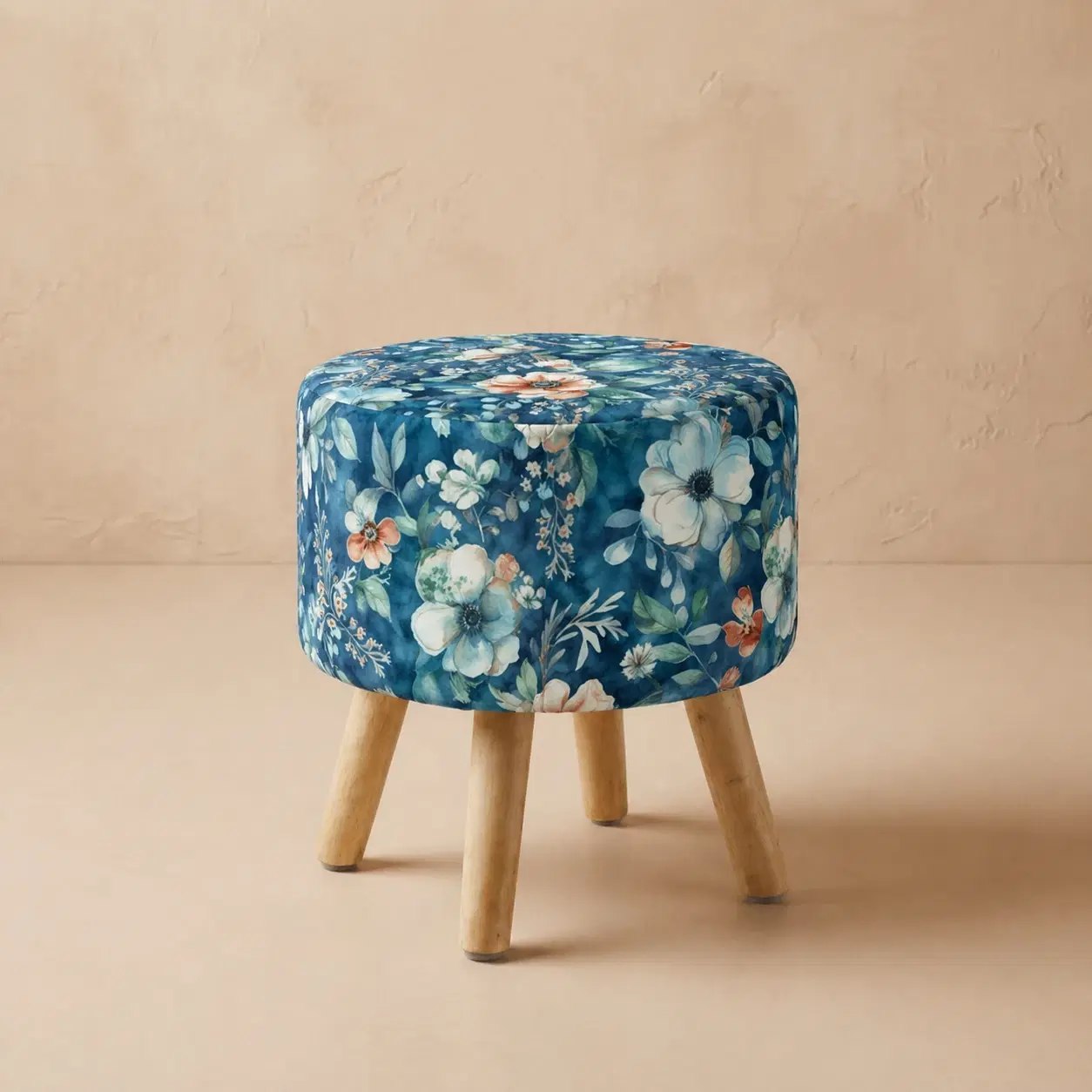 Floral blue Print Upholstered Accent Stool