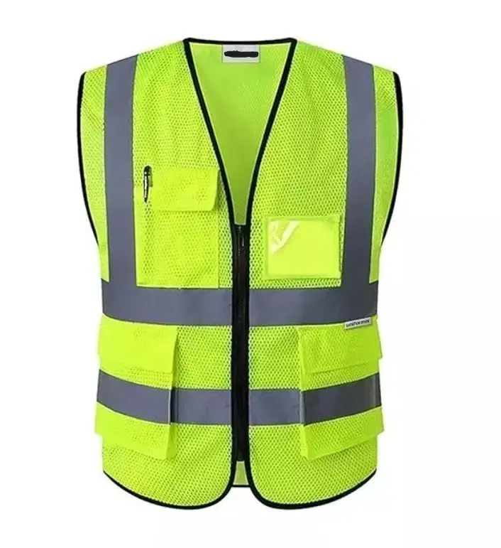 Neon yellow reflective safety vest with mesh fabric, zipper front, and multiple pockets