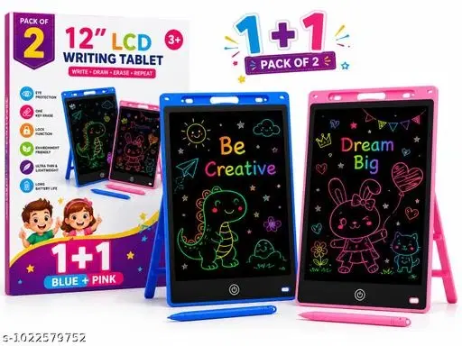Pack of 2 12 Inch LCD Writing Tablet for Kids with Stylus Pen | Reusable Paperless Drawing & Writing Board | One Touch Erase | Screen Lock | Blue & Pink | Digital Writing Tablet | Multicolour