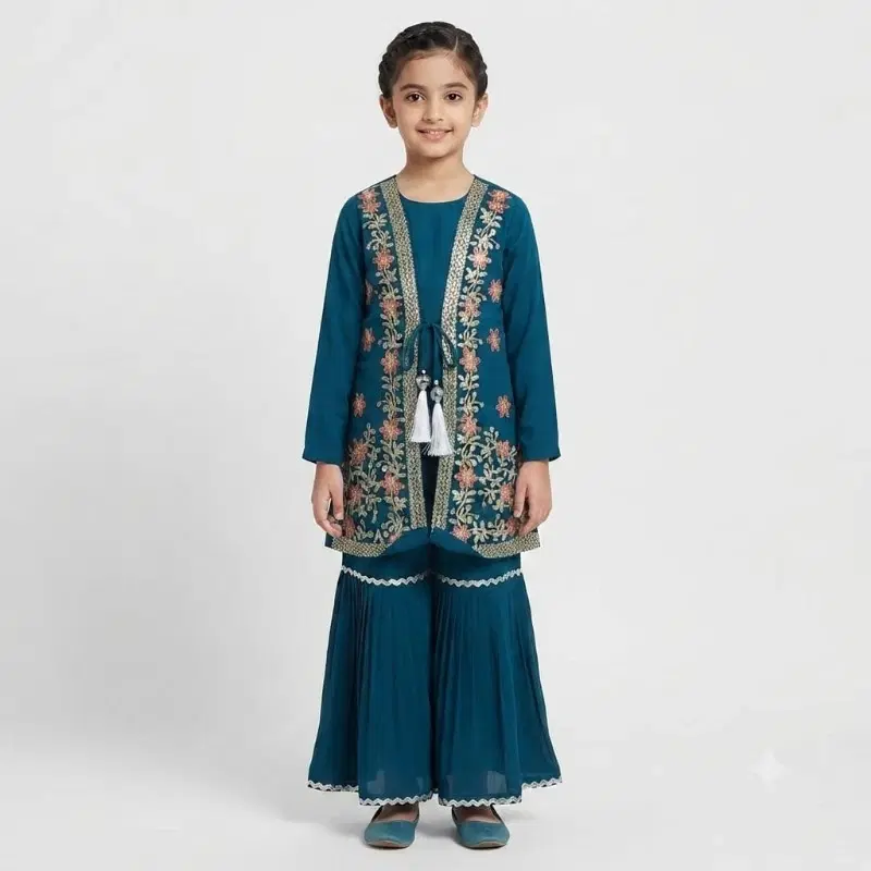 Teal Blue Embroidered Kurta With Jacket And Sharara Set For Girls