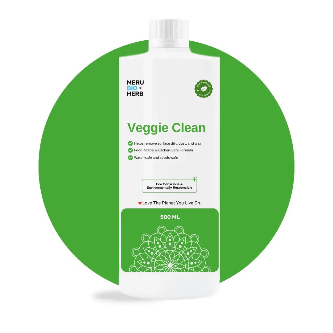 Meru Bio Herb Veggie Clean 500 ml fruit and vegetable wash bottle with green label on white background