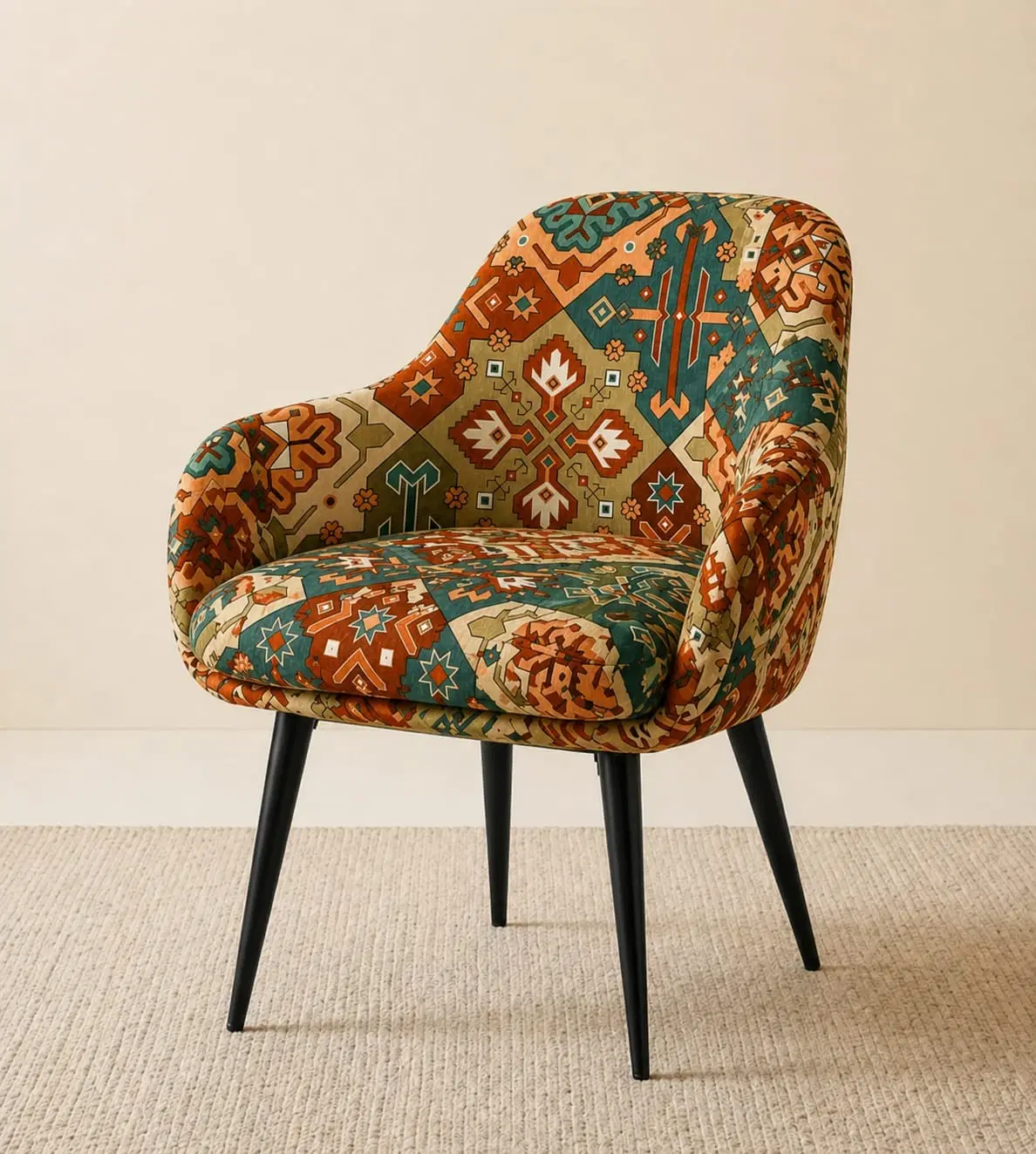 Multicolor Geometric Print Velvet Wingback Accent Chair With Metal Legs