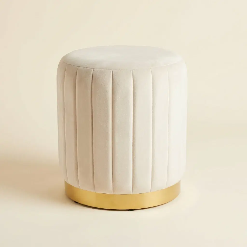 Cream Handcrafted Holland Velvet Stool Puffe with Golden Strip