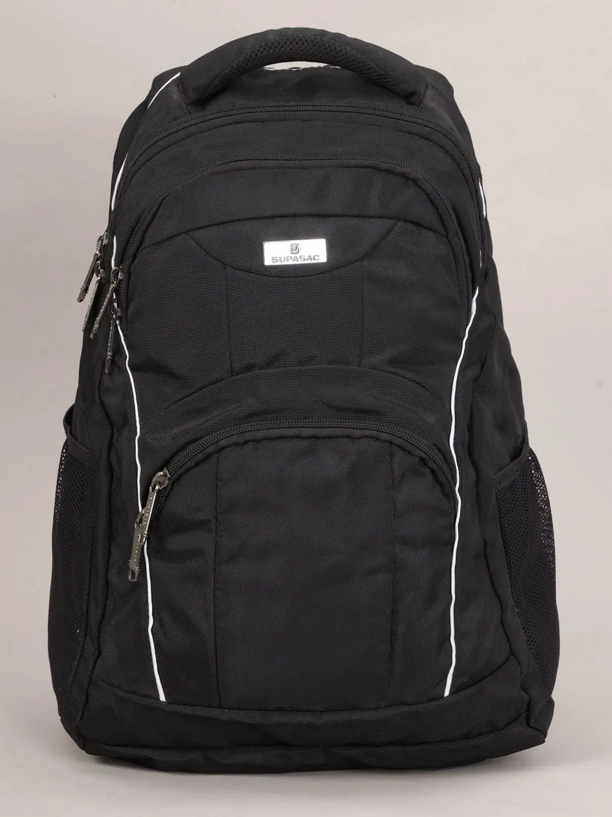Black Supasac backpack with multiple zip compartments, padded handle, and side mesh pockets