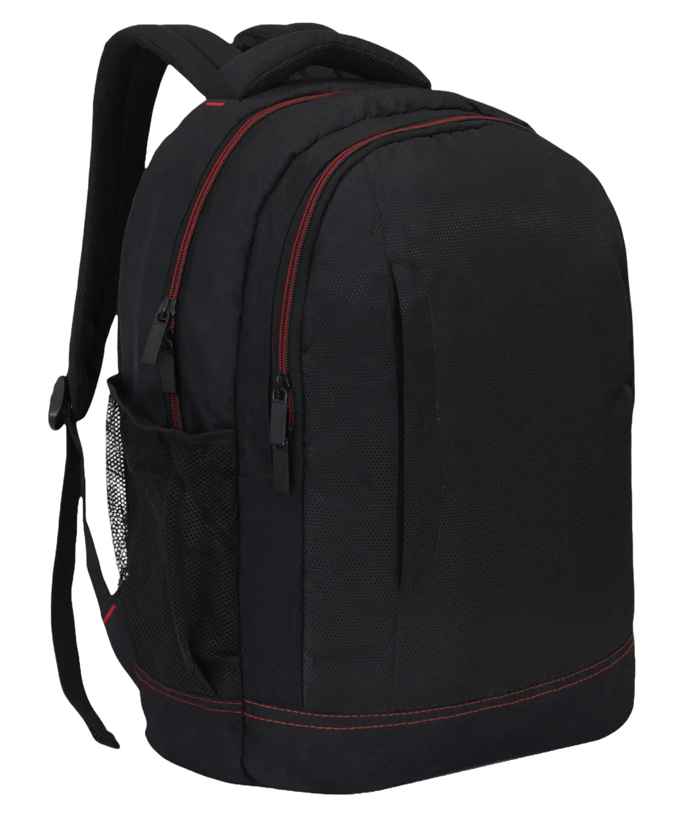 Black backpack with red zipper detailing, padded straps, multiple compartments, and mesh side pocket