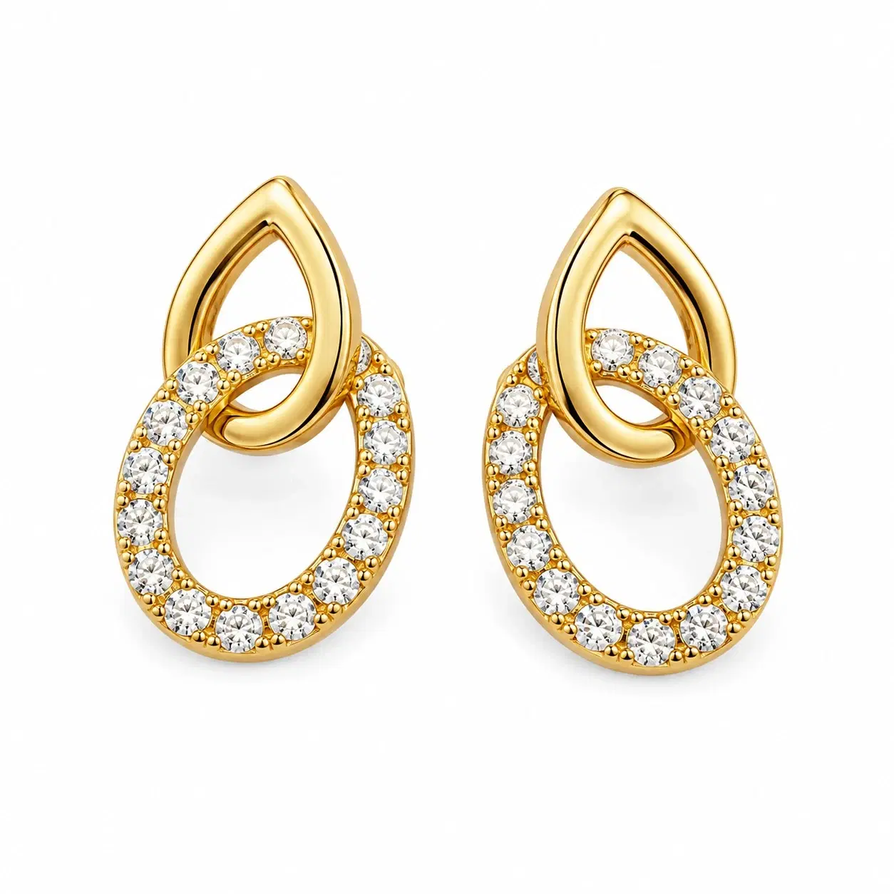 Pair of gold-toned teardrop drop earrings with crystal-studded oval loops on a white background
