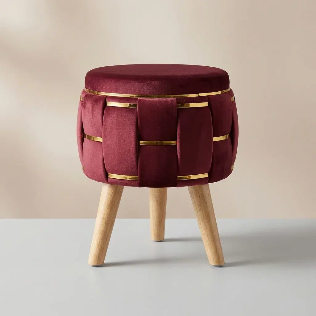 Maroon Holland Velvet Ottoman Stool With Wooden Legs