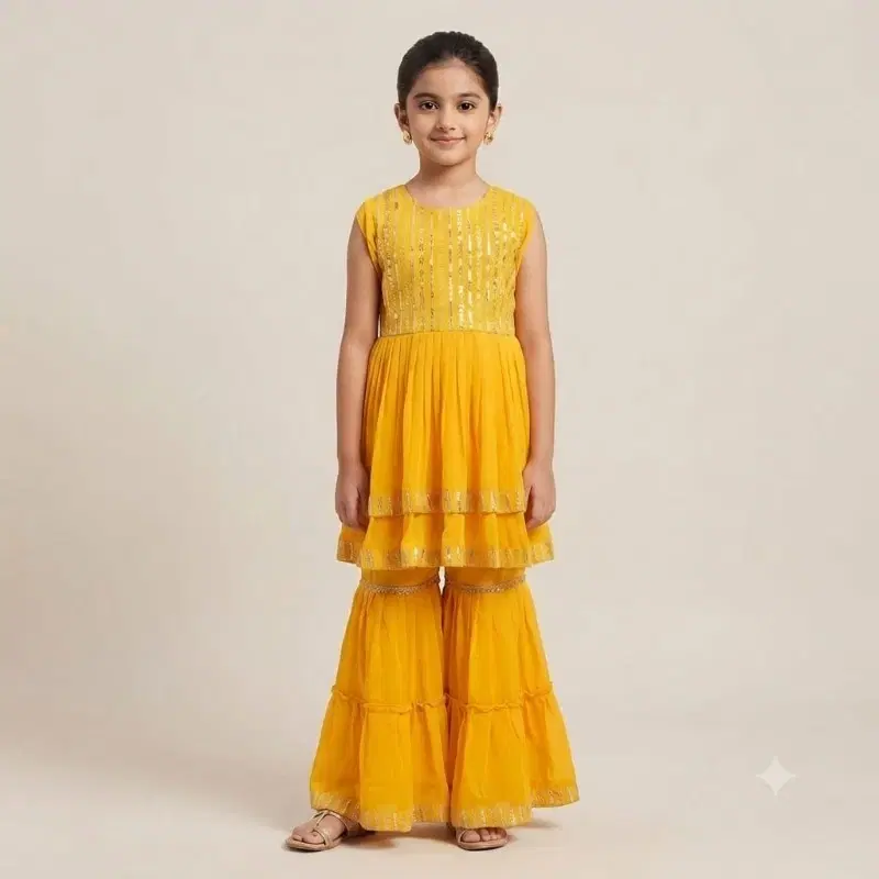Yellow Sleeveless Tiered Peplum Kurta With Sharara Set For Girls