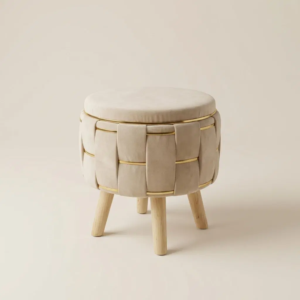 Cream Velvet Ottoman Stool With Wooden Legs