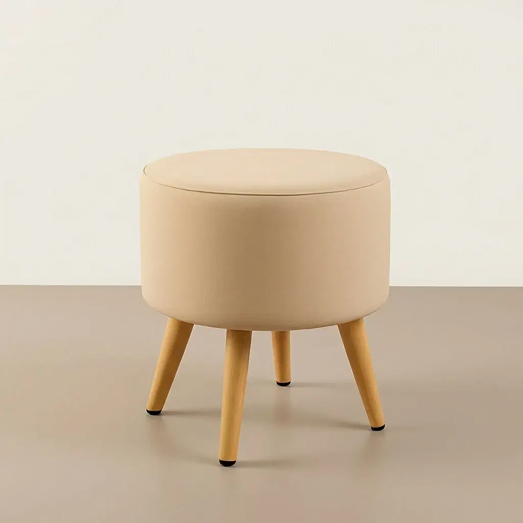 Woven Beige Ottoman Stool With Wooden Legs