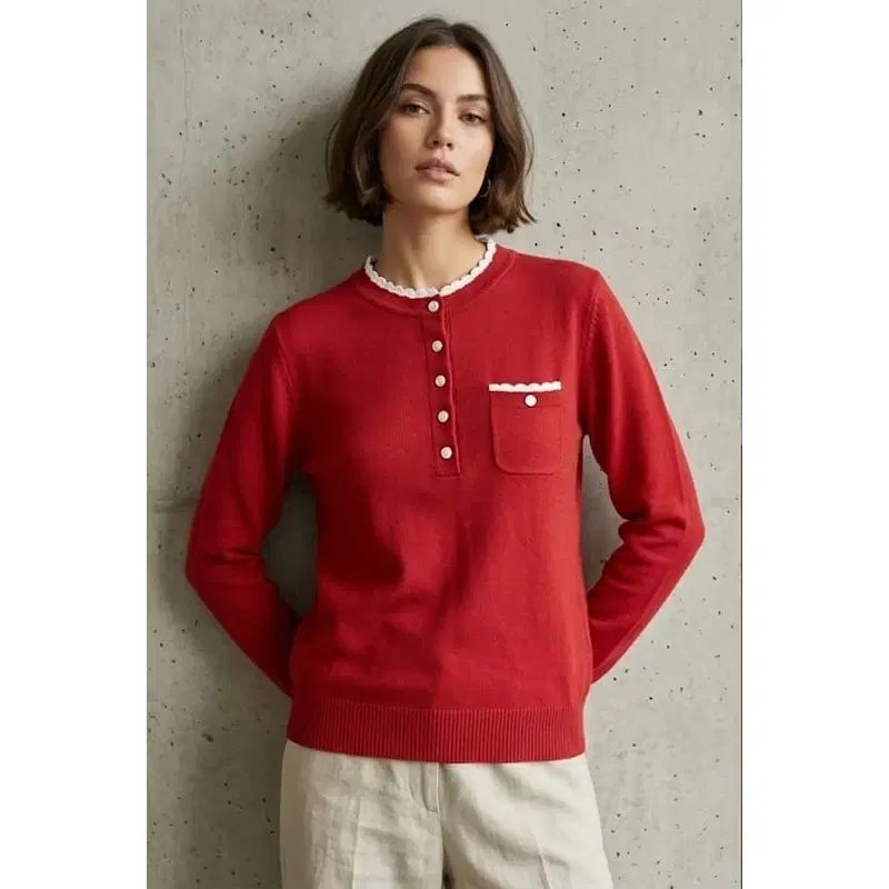 Women's Red Scallop Trim Henley Knit Sweater
