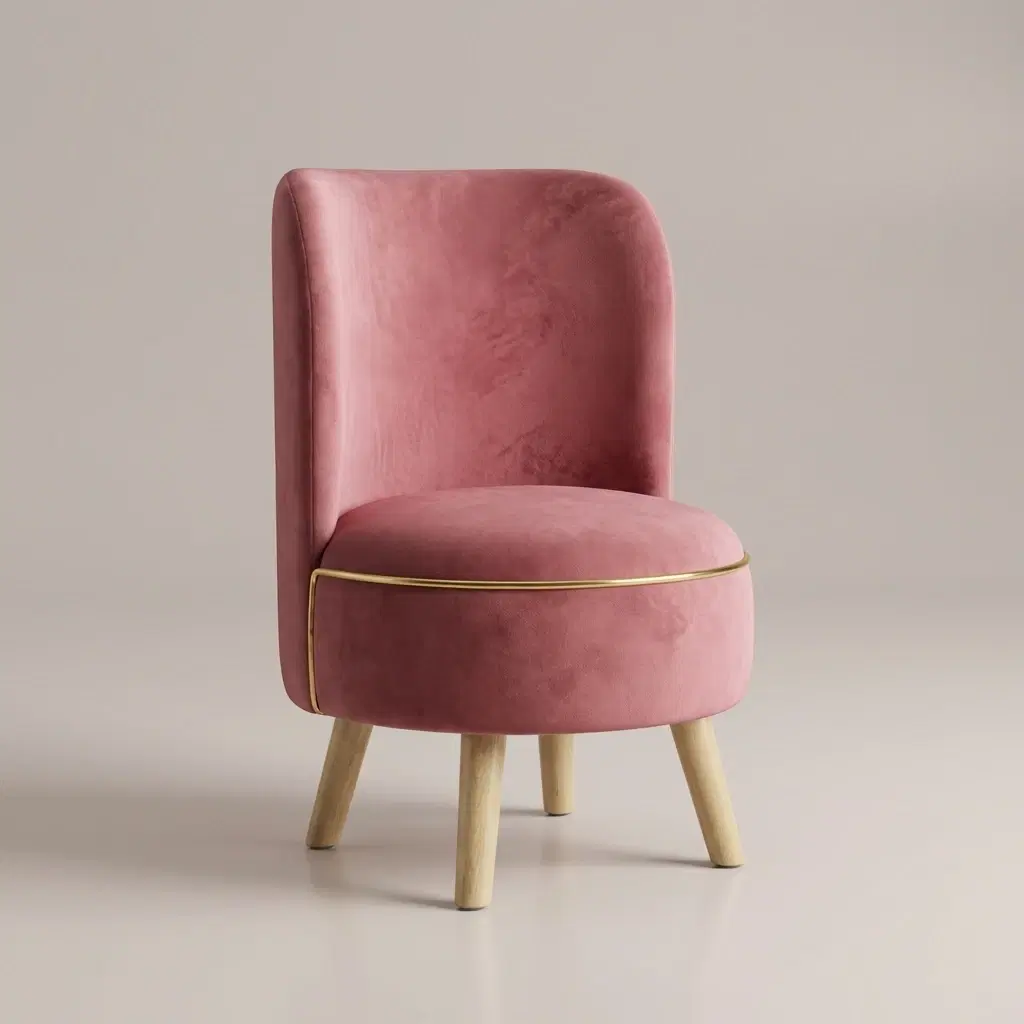 Mauve Velvet Ottoman Chair With Golden Trim And Wooden Legs