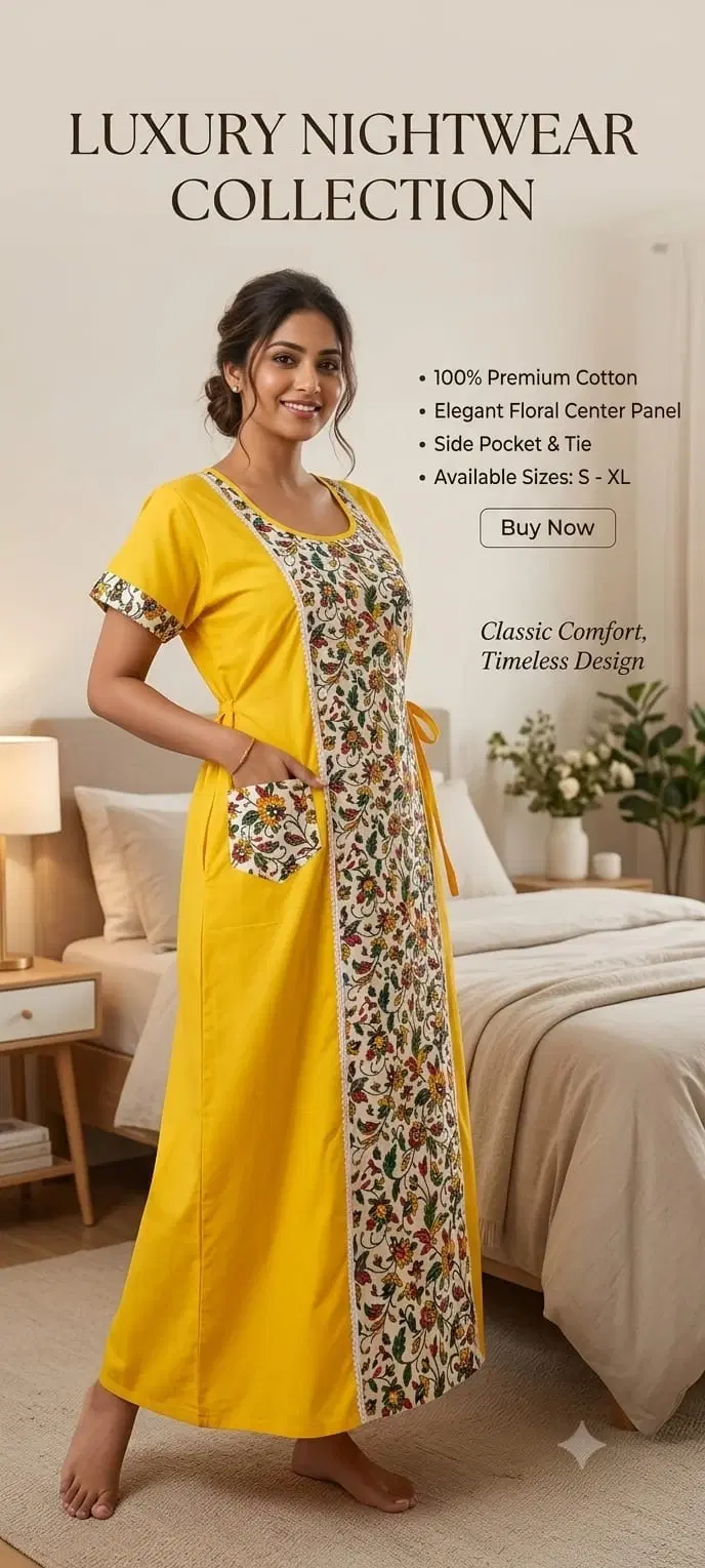 Woman wearing a yellow full-length cotton nighty with floral front panel, pocket and side tie in bedroom