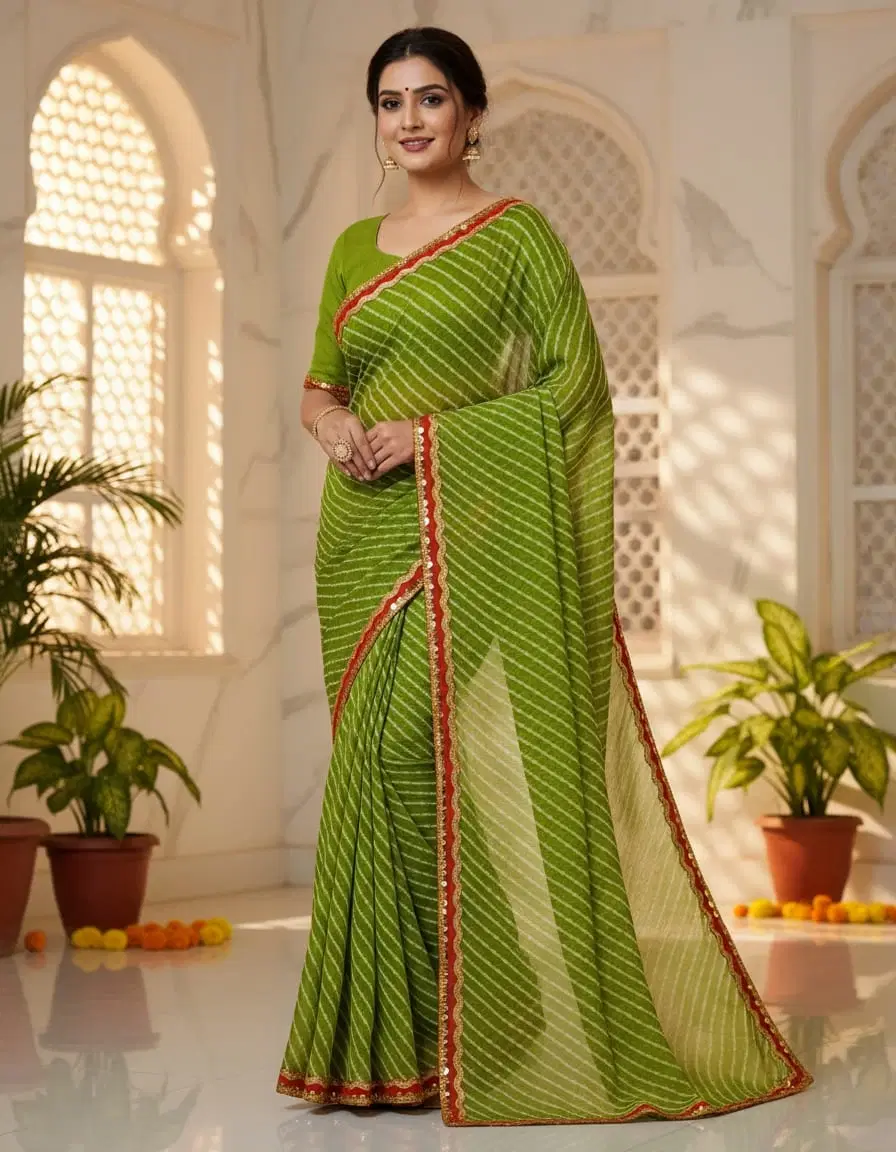 Woman wearing a green striped saree with red embellished border in an elegant indoor setting
