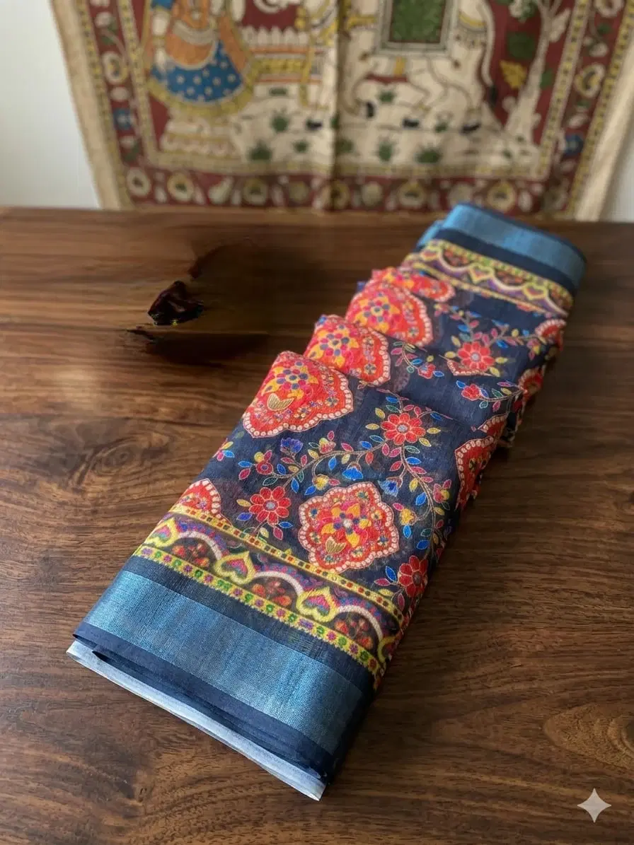 Women’s Printed Saree with Blue Border