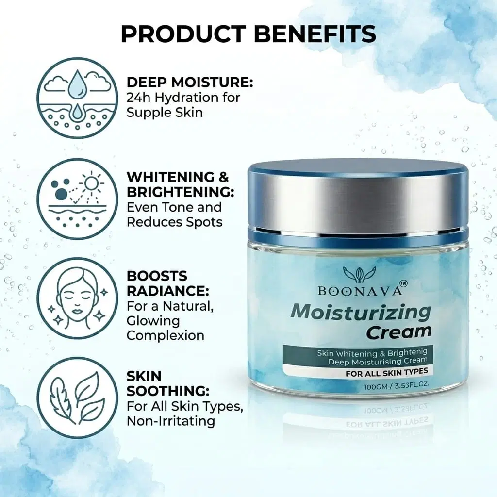 Boonava moisturizing cream jar with silver lid and skin hydration, brightening, radiance and soothing benefits