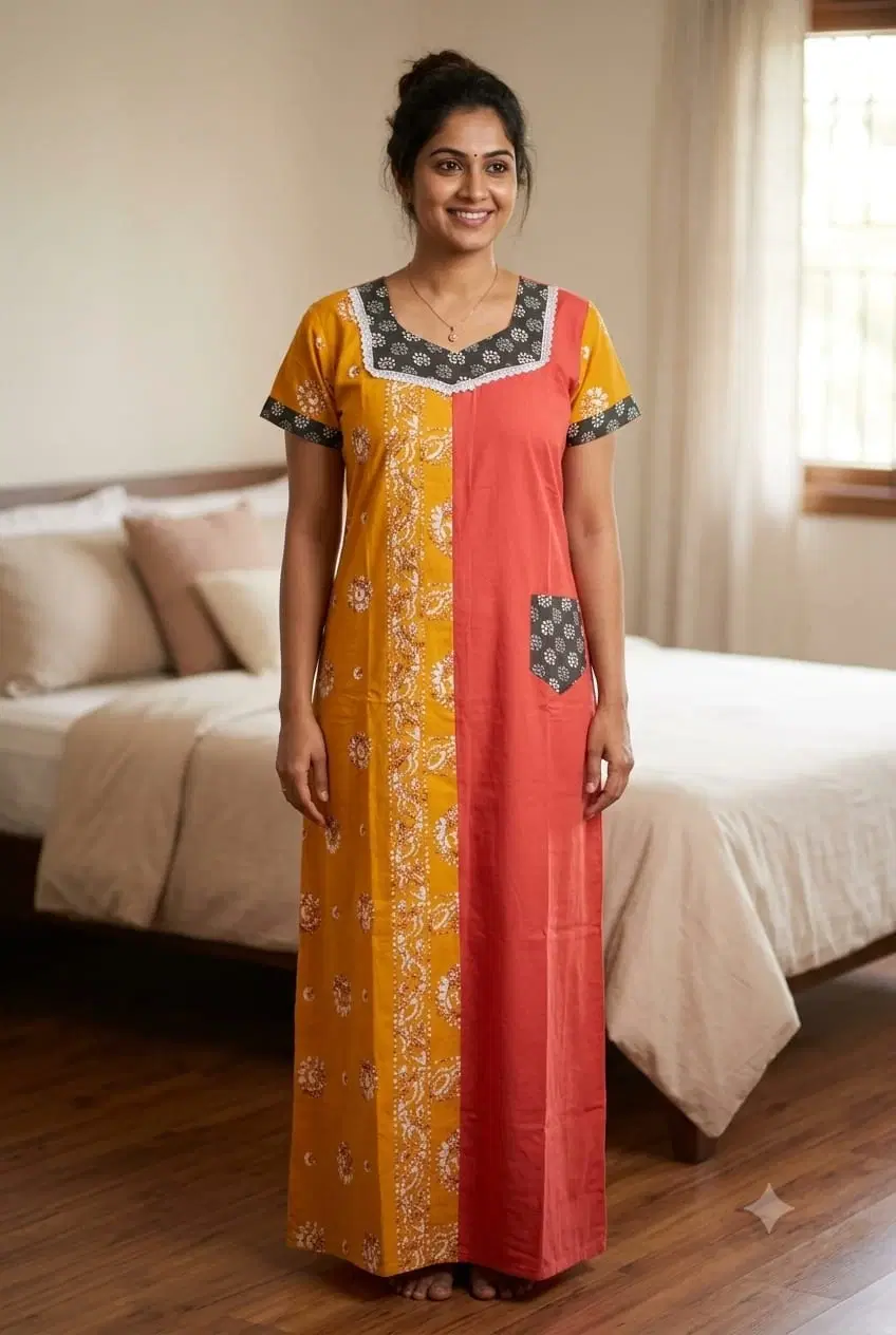 Woman wearing a full-length mustard and coral printed nighty with short sleeves and contrast pocket
