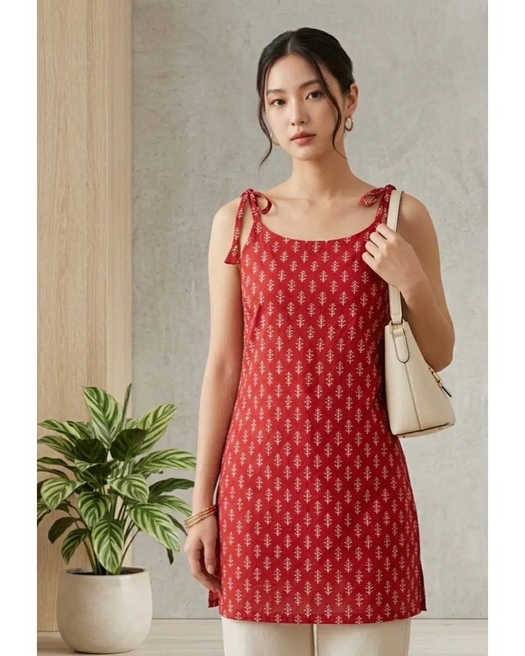 Red Printed Tie-Strap Tunic Dress