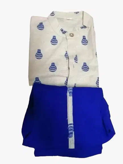 Boys Cream Blue Printed Kurta Dhoti Set