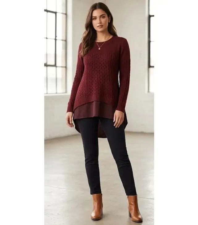 Women's Maroon Two-Textured High-Low Tunic Sweater