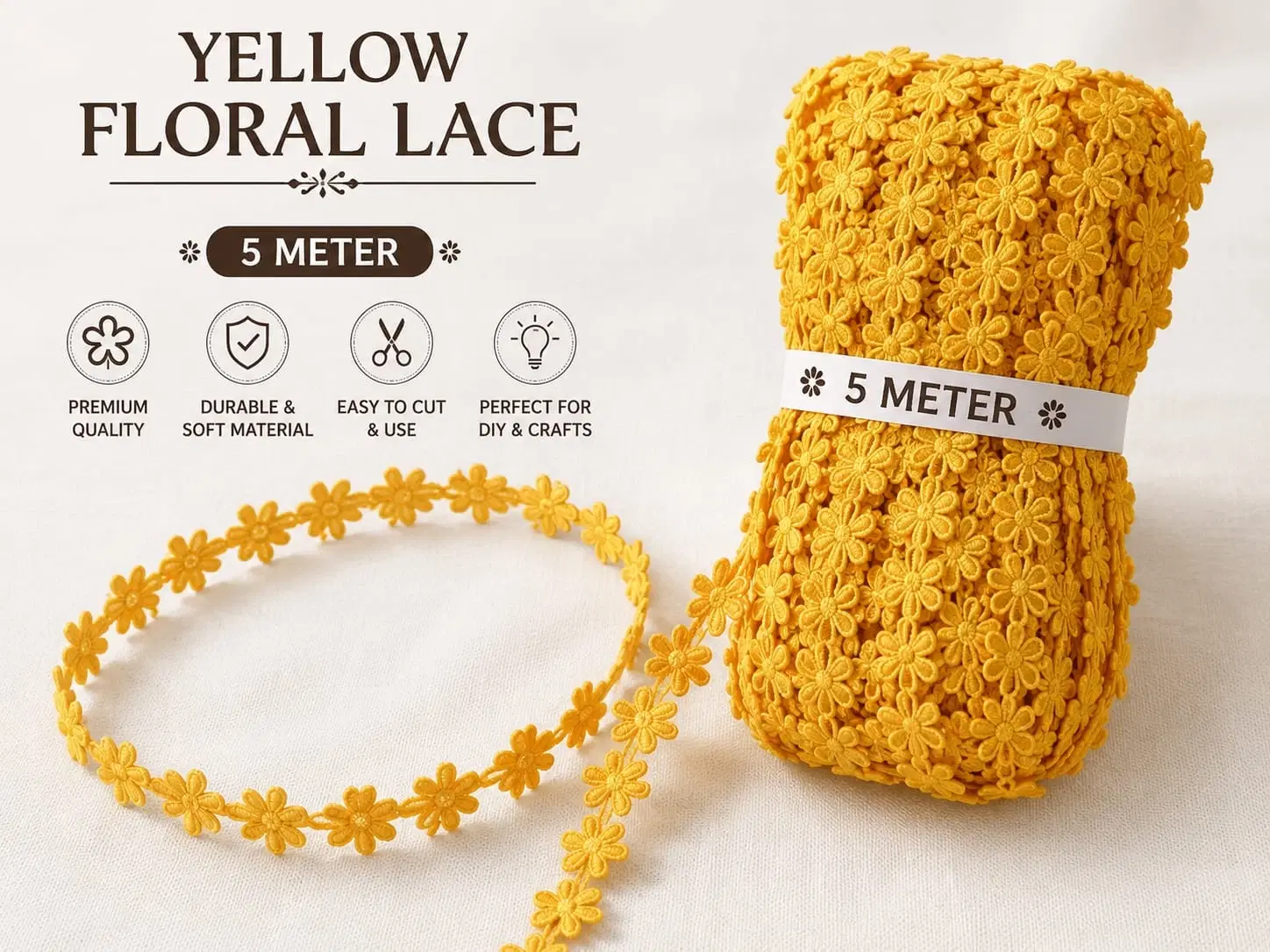 Yellow Floral Lace Trim Roll - 5 Meter